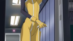 1boy 1girl animated anime_screenshot backboob bare_back bare_shoulders blue_eyes bodysuit breasts cecile_croomy code_geass dressing female_focus formal_clothes from_behind gloves grey_hair indoors interior jacket lloyd_asplund looking_back medium_breasts no_bra pilot_suit purple_hair short_hair suit tagme video white_jacket yellow_suit