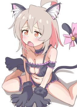 1girl absurdres ahoge alternate_breast_size_(larger) animal_ear_fluff animal_ears animal_hands bell belly black_choker blush bow bow_panties bra breasts cat_ears cat_lingerie cat_tail choker cleavage_cutout clothing_cutout commentary_request dot_nose drop_shadow frilled_bra frilled_choker frilled_panties frills gloves highres looking_ahead medium_breasts medium_hair multicolored_hair navel onii-chan_wa_oshimai! open_mouth oyama_mahiro panties paw_gloves paw_shoes riannn_desu simple_background sitting solo tail tail_bell tail_bow tail_ornament tearing_up two-tone_hair underwear wariza white_background yellow_eyes