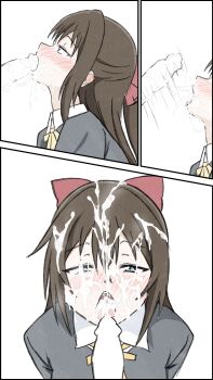 1boy 1girl absurdres blush brown_hair cum cum_in_eye cum_in_mouth cum_on_body cum_on_hair ejaculation facial fellatio hetero highres looking_at_viewer love_live! love_live!_nijigasaki_high_school_idol_club oral osaka_shizuku penis pov shizuwonderland