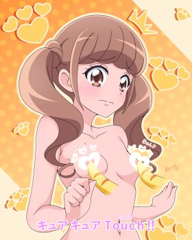 1girl ^^^ animal_hands artist_name blunt_bangs blush breasts brown_eyes brown_hair clenched_hands closed_mouth collarbone commentary completely_nude diagonal-striped_background disembodied_hand embarrassed frown furrowed_brow gradient_background hands_up healin'_good_precure heart heart_background highres hiramitsu_hinata looking_at_viewer medium_hair molestation navel nude outline paw_print paw_print_background polka_dot polka_dot_background precure sakuragawa3710 sexual_harassment small_breasts striped_background translated twintails upper_body wavy_mouth yellow_background yellow_outline yellow_theme