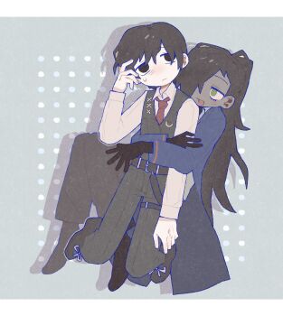 2boys aseah_(project_moon) black_eyes black_gloves black_hair black_pants black_shoes blue_coat brown_hair coat collared_shirt dark-skinned_male dark_skin expressionless gloves hair_over_one_eye high_ponytail highres hug hug_from_behind limbus_company long_hair multiple_boys necktie pants ponytail project_moon red_necktie shirt shoes sweat very_long_hair white_shirt yesheng_zong_ren yi_sang_(project_moon)