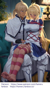 1boy 1girl ahoge alternate_costume apron arms_behind_back bare_legs barefoot bdsm bertrand_(female)_(kamikatsu) bertrand_(kamikatsu) black_gloves blonde_hair blue_dress blue_eyes blush bondage bound bound_ankles bound_arms bound_legs breasts controller dark-skinned_female dark_skin dress dual_persona embarrassed enmaided feet fingerless_gloves frilled_apron frilled_dress frills genderswap genderswap_(mtf) gloves hair_ribbon haneru highres holding holding_remote_control implied_vibrator kaminaki_sekai_no_kamisama_katsudou large_breasts legs long_hair maid maid_apron open_mouth ponytail puffy_short_sleeves puffy_sleeves red_rope remote_control remote_control_vibrator restrained ribbon rope selfcest sex_toy shibari shibari_over_clothes short_sleeves sitting sitting_on_lap sitting_on_person smile soles toenails toes very_long_hair vibrator vibrator_under_clothes white_apron wireless_sex_toy_controller