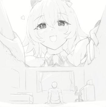 1boy 1girl :d animal_ears arm_support bed bedroom blush bow chair commentary_request crack cracked_wall curren_chan_(fille_eclair)_(umamusume) curren_chan_(umamusume) curtains desk ear_bow giant giantess hair_between_eyes heart horse_ears mido_(midosge) monochrome open_mouth short_hair short_sleeves sitting size_difference smile swivel_chair trainer_(umamusume) umamusume window