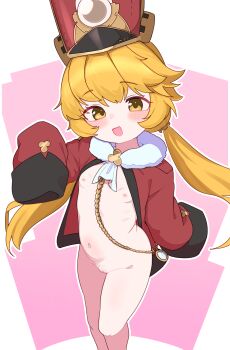 1girl absurdres blonde_hair bottomless censored cleft_of_venus commentary commission english_commentary feet_out_of_frame female_focus hat highres honkai:_star_rail honkai_(series) hook_(honkai:_star_rail) jacket lk149 loli long_hair long_sleeves looking_at_viewer mosaic_censoring naked_jacket nipples open_clothes open_jacket open_mouth pink_background pixiv_commission pussy red_hat red_jacket sleeves_past_wrists solo twintails variant_set yellow_eyes