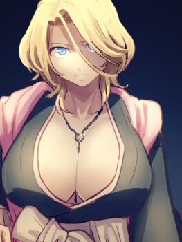 1girl bleach bleach:_sennen_kessen-hen blonde_hair blue_eyes breasts commentary_request hair_between_eyes hair_over_one_eye huge_breasts jewelry matsumoto_rangiku mole mole_under_mouth necklace nigatsumikka pink_scarf scarf shihakusho solo upper_body