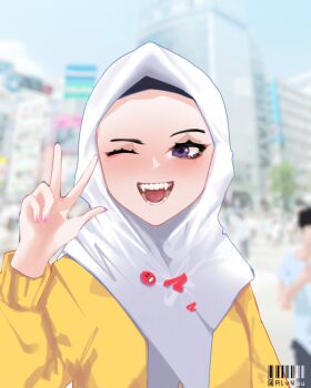 Rule 34 | 1girl, alv4febrian, barcode, blurry, blurry background, day, depth of field, highres, hijab, looking at viewer, one eye closed, open mouth, original, outdoors, purple eyes, solo focus, sweater, teeth, upper body, v, white hijab, yellow sweater