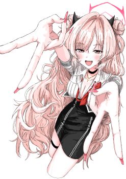 1girl absurdres black_skirt blue_archive blush breasts cleavage collared_shirt commentary_request demon_girl demon_horns double_bun double_v fingernails hair_bun halo highres horns kirara_(blue_archive) large_breasts long_fingernails long_hair looking_at_viewer neckerchief open_mouth pencil_skirt pink_eyes pink_hair pink_halo red_nails red_neckerchief shirt skirt solo thigh_strap v wagonuts white_shirt