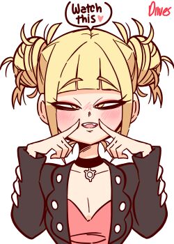 1girl alternate_costume alternate_hairstyle animated animated_gif asymmetrical_bangs black_choker black_jacket blonde_hair blue_sailor_collar blush boku_no_hero_academia choker closed_eyes collared_shirt commentary cosplay diives double_bun english_commentary english_text eyelashes fangs fingersmile hair_bun hair_ribbon heart highres jacket leather leather_jacket long_sleeves marnie_(pokemon) marnie_(pokemon)_(cosplay) neckerchief nintendo open_clothes open_jacket open_mouth pink_ribbon pokemon pokemon_swsh red_neckerchief ribbon sailor_collar sharp_teeth shirt sidelocks simple_background sleeveless sleeveless_shirt smile solo speech_bubble teeth toga_himiko twintails undercut upper_body white_background white_shirt yellow_eyes