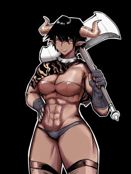 1girl abs axe battle_axe breasts collar edke facial_scar female_pubic_hair fingerless_gauntlets fingerless_gloves gloves highres large_breasts monster_girl muscular muscular_female original pubic_hair pubic_hair_peek revealing_clothes scar scar_on_cheek scar_on_face segmented_horns spiked_collar spikes tagme thong weapon
