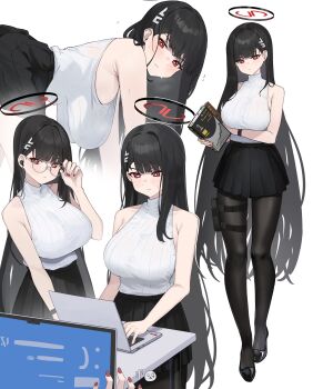 1girl absurdres adjusting_eyewear arm_under_breasts black_footwear black_hair black_halo black_pantyhose black_skirt blue_archive book breasts bright_pupils computer earbuds earphones full_body glasses hair_ornament hairclip halo hanging_breasts highres holding holding_book kevinlim39 laptop large_breasts long_hair multiple_views nail_polish pantyhose pleated_skirt red_eyes red_nails rio_(blue_archive) shoes simple_background skirt sleeveless sleeveless_sweater sweater turtleneck turtleneck_sweater typing very_long_hair white_background white_pupils white_sweater