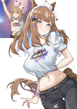 +_+ 1girl absurdres ahti almond_eye_(umamusume) animal_ears black_pants blue_eyes blush bow bracelet braid braided_sidelocks breasts brown_hair clothes_writing colored_inner_hair crop_top cropped_shirt denim game_screenshot_inset gluteal_fold hair_between_eyes hair_ornament hairband hairclip half-closed_eyes highres horse_ears horse_girl horse_tail jeans jewelry large_breasts long_hair looking_at_viewer lowleg lowleg_pants midriff multicolored_hair navel open_mouth pants raised_eyebrows screenshot_inset shirt shirt_overhang short_sleeves sidelocks smile symbol-shaped_pupils tail torn_clothes torn_jeans torn_pants uma_summer_(umamusume) umamusume white_hairband white_shirt x-shaped_pupils
