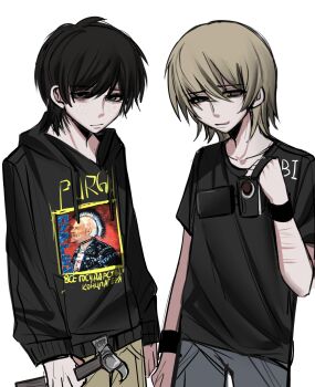 Rule 34 | 2boys, ahoge, animification, arm at side, arms at sides, artyom anoufriev, bags under eyes, black hair, black hoodie, black shirt, blonde hair, blue pants, brown pants, camera, closed mouth, clothes writing, collarbone, commentary, cowboy shot, denim, drawstring, empty eyes, english commentary, freckles, grey eyes, hair between eyes, half-closed eyes, hand up, highres, holding, holding camera, hood, hood down, hoodie, jeans, jitome, long sleeves, looking at viewer, male focus, messy hair, multiple boys, nikita lytkin, no pupils, pants, parted lips, puffy long sleeves, puffy sleeves, raised inner eyebrows, real life, self-harm, shirt, short hair, short sleeves, side-by-side, simple background, sketch, smile, standing, swept bangs, t-shirt, white background, wristband, xipenco