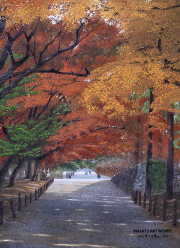 autumn commentary_request dappled_sunlight day highres kyoto original outdoors painting_(medium) path people road scenery signature sunlight traditional_media tree watanabe_masato watercolor_(medium)