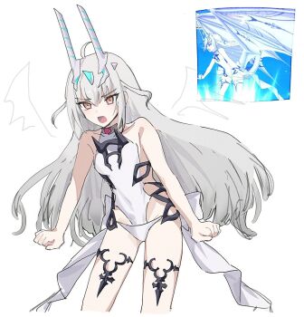 Rule 34 | 1girl, bare arms, black thighlet, choker, clothing cutout, fate/grand order, fate (series), game screenshot inset, gem, halterneck, highres, horns, jewelry, leaning forward, long hair, looking ahead, melusine (fate), melusine (swimsuit ruler) (fate), melusine (swimsuit ruler) (second ascension) (fate), nekwnek, one-piece swimsuit, open mouth, orange eyes, pink gem, reference inset, screenshot inset, side cutout, sketch, solo, swimsuit, white horns, white one-piece swimsuit