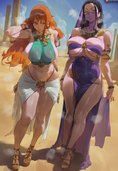 2girls ai-assisted arabian_clothes black_hair blue_eyes blue_sky breasts brown_eyes cleavage cloud commentary covered_erect_nipples curvy day desert earrings high_heel_sandals high_heels highres jewelry large_breasts legs long_hair looking_at_another looking_at_viewer looking_to_the_side mask mouth_veil multiple_girls nami_(one_piece) navel nico_robin one_piece orange_hair outdoors patreon_logo patreon_username pelvic_curtain pillar sandals shexyo shoulder_tattoo sideboob sky standing steaming_body tattoo thighs toes underboob veil wide_hips