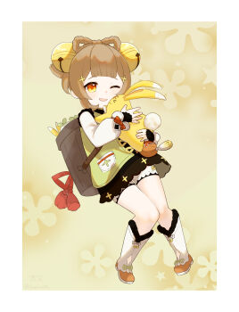 >_< 1girl ;d absurdres bell black_dress black_shorts boots braid brown_background brown_eyes brown_hair closed_mouth commentary_request dress floral_background full_body genshin_impact green_vest hair_bell hair_ornament hair_rings highres jingle_bell kino_mota looking_at_viewer one_eye_closed open_mouth shorts smile vest white_boots white_shorts x_hair_ornament yaoyao_(genshin_impact) yuegui_(genshin_impact)