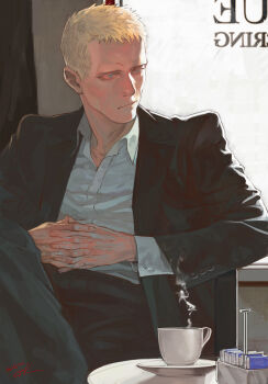 1boy black_pants black_suit blonde_hair blue_eyes closed_mouth coffee_mug collared_shirt crossed_legs ctkcave cup formal_clothes indoors jewelry male_focus mug necklace original own_hands_together pants saucer shirt short_hair smoke smoke_trail solo spiked_hair sugar_packet suit white_shirt window
