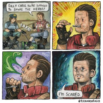 Rule 34 | 1girl, 2boys, absurdres, artist name, barry burton, beard stubble, beret, black gloves, blue hat, blue shirt, brown hair, chris redfield, commentary, english commentary, facial hair, family guy death pose (meme), fingerless gloves, gloves, hat, highres, jill valentine, joint (drug), lighter, meme, multiple boys, resident evil, resident evil 1, rhiannon kagoe, shirt, smoking, speech bubble, squatting, stubble