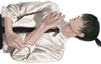 Rule 34 | 1boy, adjusting sleeves, black hair, black necktie, blue eyes, chainsaw man, collared shirt, earrings, hayakawa aki, highres, jewelry, lips, looking to the side, male focus, ndsoda, necktie, nose, shirt, short hair, sideways, simple background, sleeves rolled up, solo, topknot, upper body, white background, white hair