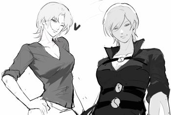 1girl arm_at_side breasts chest_harness cleavage collared_shirt dante_(devil_may_cry) devil_may_cry_(series) devil_may_cry_5 dual_persona genderswap genderswap_(mtf) hand_on_own_hip harness heart high_collar highres medium_breasts one_eye_closed pants popped_collar same shirt short_hair simple_background sleeves_rolled_up smile solo strap utopia_87115256 white_background white_hair