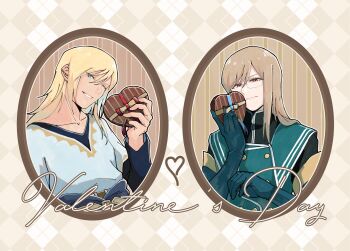 Rule 34 | 2boys, blonde hair, blue eyes, blue gloves, blue jacket, box, box of chocolates, brown hair, closed mouth, commentary request, elbow gloves, gift, gift box, glasses, gloves, head tilt, heart, heart-shaped box, highres, holding, holding gift, jacket, jade curtiss, long hair, male focus, military uniform, multiple boys, parted lips, peony ix, red eyes, smile, tales of (series), tales of the abyss, taleshimohimo, tunic, upper body, valentine