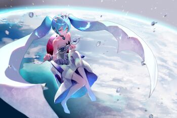 1girl absurdres aqua_eyes aqua_hair blush bracelet breasts cleavage closed_mouth collarbone dress gradient_hair hatsune_miku highres holding holding_wand jewelry long_hair multicolored_hair nintendo official_alternate_costume official_alternate_hairstyle panties pokemon project_voltage rock_miku_(project_voltage) shikuwata smile solo strapless strapless_dress twintails underwear very_long_hair vocaloid wand white_dress white_hair white_panties