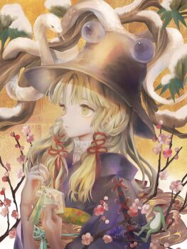 1girl blonde_hair branch brown_hat bud cherry_blossoms closed_mouth collar commentary_request dated ema frilled_collar frills frog from_side gold_background hair_ribbon hands_up hat highres holding holding_ema japanese_clothes kimono long_hair long_sleeves mishaguji moriya_suwako natsuakari obi obiage obijime purple_kimono red_rope ribbon rope sash sidelocks signature snake snow_on_tree solo touhou upper_body white_snake yellow_eyes