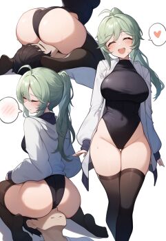 1boy 1girl :d ^_^ ass athletic_leotard black_leotard black_thighhighs blush breasts closed_eyes closed_mouth commentary covered_navel cunnilingus de_lacey_(neural_cloud) english_commentary girls&#039;_frontline girls&#039;_frontline_neural_cloud green_hair heart hetero highres jacket large_breasts leotard lividy long_hair multiple_views open_clothes open_jacket open_mouth oral ponytail sitting sitting_on_face sitting_on_person smile spoken_blush spoken_heart standing sweat thighhighs thighs white_jacket wide_hips