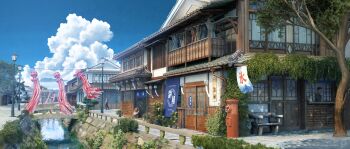 3d absurdly_detailed_composition absurdres architecture banner blue_sky bridge building canal cloud commentary commentary_request day east_asian_architecture english_commentary highres lamppost mixed-language_commentary original outdoors owenxc people photorealistic plant realistic scenery sky translation_request tree vines water wind_chime