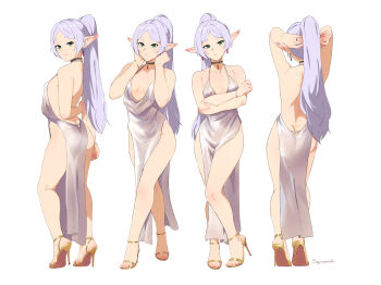 1girl alternate_hairstyle ass backless_dress backless_outfit bare_back bare_legs breasts butt_crack closed_mouth commentary dress earrings elf feet frieren from_behind full_body green_eyes grey_hair high_heel_sandals high_heels highres jewelry legs long_hair looking_at_viewer multiple_views pelvic_curtain pointy_ears ponytail sandals shoes simple_background small_breasts smile sousou_no_frieren squeezable_(squeezabledraws) standing stiletto_heels strappy_heels toenails toes white_background white_dress