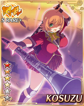 1girl ahoge ankle_socks armor aura border breasts card_(medium) chainmail character_name clarinet dual_wielding elbow_pads english_text fishnets game_cg green_eyes holding holding_instrument instrument jacket knee_pads kosuzu_(senran_kagura) large_breasts looking_at_viewer medium_hair official_alternate_costume official_art one_eye_closed open_mouth orange_hair plaid_clothes plaid_skirt red_jacket red_skirt senran_kagura senran_kagura_new_wave skirt smile socks solo