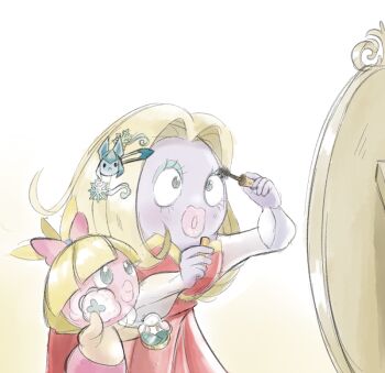 blonde_hair bow cottonee drawfag dress evolutionary_line eyelash_curler gen_1_pokemon gen_2_pokemon gen_4_pokemon gen_5_pokemon glaceon hair_bow hair_ornament jynx looking_at_mirror makeup mirror nintendo no_humans non-web_source open_mouth pokemon pokemon_(creature) powder_puff red_dress smoochum snowflake_hair_ornament