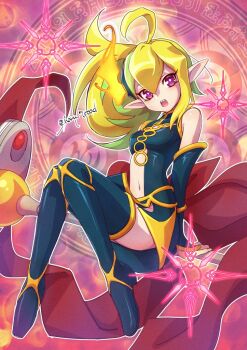 1girl bare_shoulders black_dress blonde_hair breasts character_request commentary dress duel_monster full_body navel ochi_marco pink_background pointy_ears purple_eyes small_breasts solo symbol-only_commentary twitter_username yu-gi-oh!