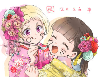 2026 2girls blush closed_eyes commentary_request floral_print floral_print_kimono hair_ornament holding holding_brush japanese_clothes kimono licking_lips long_hair looking_at_another love_live! love_live!_superstar!! multiple_girls onitsuka_natsumi open_mouth pink_kimono print_kimono red_eyes sakurakoji_kinako simple_background tongue tongue_out unya upper_body white_background yellow_kimono