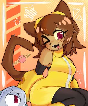 1girl :3 ;3 absurdres animal_ears breasts brown_hair cat_ears cat_girl cat_tail dress fangs furry furry_female gameoverse gauntlets glitch_productions goggles goggles_on_head highres kaboodle_(gameoverse) kit_bodega looking_at_viewer nebulilac one-eyed one_eye_closed open_mouth rectangular_eyes red_eyes short_hair smug tail tan whiskers yellow_dress yellow_gauntlets