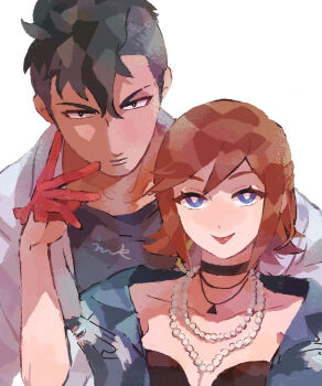 1boy 1girl absurdres black_hair blue_eyes breasts cleavage gloves half_gloves hand_on_another's_face highres jacket jewelry kaname_buccaneer macross macross_delta messer_ihlefeld mohawk necklace pearl_necklace ro_(tuyu_416) smile