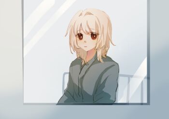 1boy absurdres brown_eyes derivative_work grey_shirt highres hospital indoors male_focus medium_hair mirror pajamas parted_lips qiao_xia_ci saihate_eki screenshot_redraw shirt solo tatsunami_shion upper_body white_hair