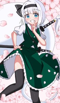 1girl absurdres black_bow black_hairband black_thighhighs blue_eyes bow bow_hairband cherry_blossoms clothes_lift commentary falling_petals frilled_skirt frills green_skirt green_vest hairband highres hitodama hitodama_print index_finger_raised konpaku_youmu konpaku_youmu_(ghost) looking_at_viewer nice_knee_socks_day pancetta_(twitter_1735264787037396992) petals pink_petals print_skirt puffy_sleeves sheath sheathed shirt short_hair skirt skirt_lift solo sword teeth thighhighs thighs touhou vest weapon white_hair white_shirt