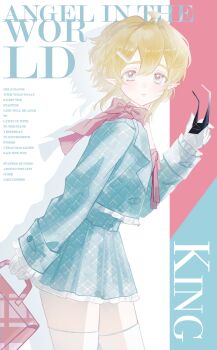 Rule 34 | 1boy, absurdres, ahoge, alternate costume, aotu world, bag, blonde hair, blue eyes, blue jacket, blue skirt, blush, bow, bowtie, character name, chinese commentary, cover, cowboy shot, crossdressing, crossdressing (mtf), english text, fake magazine cover, frilled jacket, frilled skirt, frilled sleeves, frills, from side, gloves, hair between eyes, hair ornament, hairclip, hand up, highres, holding, holding bag, holding removed eyewear, jacket, king (aotu world), light smile, long sleeves, looking at viewer, magazine cover, male focus, parted lips, pink bow, pink bowtie, pink ribbon, plutoray, pointy ears, ribbon, shirt, short hair, sidelocks, skirt, solo, thighhighs, trap, unworn eyewear, white gloves, white thighhighs, zettai ryouiki