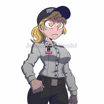 Rule 34 | 1girl, artist name, belt, blonde hair, breasts, brown pants, clenched hand, collared shirt, five nights at freddy's, five nights at freddy's: security breach, freckles, hat, highres, medium breasts, medium hair, pants, ponytail, sayasushiswag, security guard, shirt, solo, swept bangs, twitter username, vanessa (fnaf), white background, yellow eyes