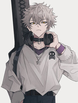 1boy belt black_belt blue_pants bracelet chain chain_necklace collar cowboy_shot crossed_bangs earrings ensemble_stars! grey_hair hair_between_eyes hand_in_pocket hand_on_headphones hand_up headphones headphones_around_neck high-waist_pants highres instrument_case jewelry krank looking_at_viewer male_focus necklace ogami_koga orange_eyes pants puffy_sleeves shirt short_hair simple_background solo star_(symbol) star_necklace strap white_background white_shirt