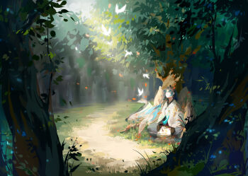 1boy absurdres black_hair blue_hair braid brown_wings bug butterfly carbo-icos chinese_clothes chinese_commentary closed_mouth day facial_mark falling_petals feathered_wings forehead_mark forest full_body gradient_hair grass hand_up hanfu highres indian_style insect long_hair long_sleeves looking_at_animal looking_up male_focus multicolored_hair nature on_grass outdoors parted_bangs path petals road robe shawl side_braid sitting solo sunlight swallow_bun_(the_tale_of_food) tassel the_tale_of_food tree under_tree white_butterfly white_hanfu white_robe white_shawl wide_sleeves wings yellow_eyes