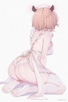 1girl absurdres animal_ears apron artist_name ass back bare_shoulders blush breasts brown_hair butt_crack commentary ear_blush feet film_grain frilled_apron frills from_behind garter_straps hair_ribbon hat highres indie_virtual_youtuber kneeling large_breasts median_furrow medium_hair nimi_nightmare nurse_cap one_side_up panties ribbon shellvi shoulder_blades soles solo tapir_ears tapir_girl thighhighs thighs toes underwear virtual_youtuber white_apron white_background white_garter_straps white_hat white_panties white_ribbon white_thighhighs