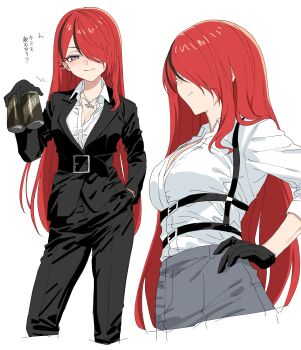 1girl alternate_costume black_gloves black_hair breasts can cleavage commentary_request drink_can formal_clothes gloves hair_down hair_over_one_eye hand_in_pocket hand_on_own_hip highres holding holding_can jacket lain_paterson large_breasts long_hair multicolored_hair nijisanji pants red_hair smile streaked_hair suit very_long_hair virtual_youtuber yuuka_hikensya