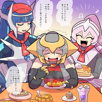 1boy 2girls :d androgynous blue_hair blunt_bangs blush_stickers breasts claws closed_eyes dialga fang food gen_4_pokemon giratina grey_hair happy_tears headpat high_ponytail holding holding_spoon kasugai_(de-tteiu) large_breasts legendary_pokemon multiple_girls musical_note neckerchief nintendo omelet omurice open_mouth palkia pancake pancake_stack personification pink_hair pokemon pokemon_cafe_remix ponytail red_neckerchief single_tear smile spoon tearing_up tears translation_request trap turtleneck tusks upper_body