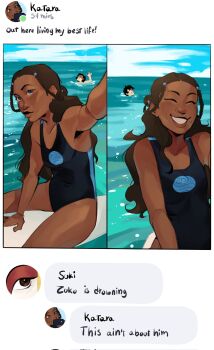 1boy 1girl ^_^ arm_support avatar:_the_last_airbender avatar_legends black_eyes black_one-piece_swimsuit bracelet brown_hair character_name closed_eyes cloud cloudy_sky collarbone commentary corrupted_twitter_file dark-skinned_female dark_skin day dranktwocoffees english_commentary english_text fake_screenshot highres jewelry katara meme ocean one-piece_swimsuit out_here_living_my_best_life_(meme) selfie sky smile surfboard swimsuit water zuko
