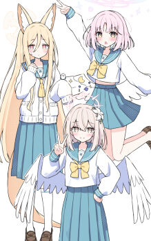 Rule 34 | 3girls, alternate costume, alternate hair length, alternate hairstyle, animal ear fluff, animal ears, blonde hair, blue archive, blue sailor collar, blue skirt, blush, bow, brown shoes, cardigan, closed mouth, feathered wings, flower, fox ears, fox girl, hair between eyes, hair flower, hair ornament, hand on own hip, highres, kneehighs, long hair, looking at viewer, medium hair, mika (blue archive), multiple girls, nagisa (blue archive), neckerchief, open mouth, pink eyes, pink hair, sailor collar, sateto (user knrf2332), seia (blue archive), shirt, shoes, sidelocks, skirt, smile, socks, sweatdrop, tea party (blue archive), v, white cardigan, white flower, white shirt, white socks, wings, yellow bow, yellow eyes, yellow neckerchief