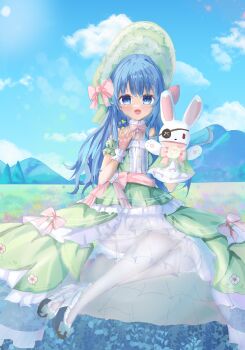 1girl absurdres blue_eyes blue_hair date_a_live dress hat highres himekawa_yoshino long_hair mountainous_horizon puppet ribbon sky solo yoshinon