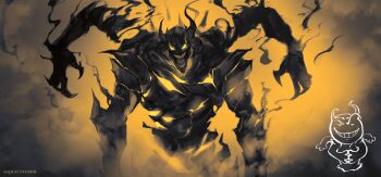 1other absurdres armor commentary cracked_armor english_commentary extra_arms fog glowing glowing_eyes helmet highres horns logicsterrr open_mouth shadow shadow_slave solo walking_towards_viewer yellow_eyes