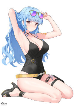 1girl absurdres alternate_costume arm_behind_head armpits arms_up bare_arms bare_legs bare_shoulders belt black_one-piece_swimsuit black_sandals blue_hair breasts brown_eyes cleavage closed_mouth commentary commission cosplay dhokidoki english_commentary eyewear_on_head fire_emblem fire_emblem:_three_houses fire_emblem_warriors:_three_hopes gold_ship_(run_revolt_launcher)_(umamusume) gold_ship_(umamusume) gold_ship_(umamusume)_(cosplay) high_heels highres kneeling large_breasts long_hair looking_at_viewer loose_belt marianne_von_edmund nail_polish nintendo official_alternate_hairstyle one-piece_swimsuit sandals simple_background solo spaghetti_strap sunglasses swimsuit thigh_strap thighs toenail_polish toenails umamusume wavy_hair white_background yellow_nails